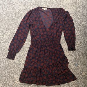 Michael Kors Navy Dress with Rust Floral Print Long Sleeves